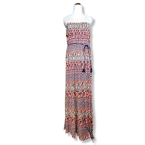 Lucky Brand Crochet Top Tie Waist Maxi Dress Blue Orange Size L Boho Summer - Picture 1 of 14